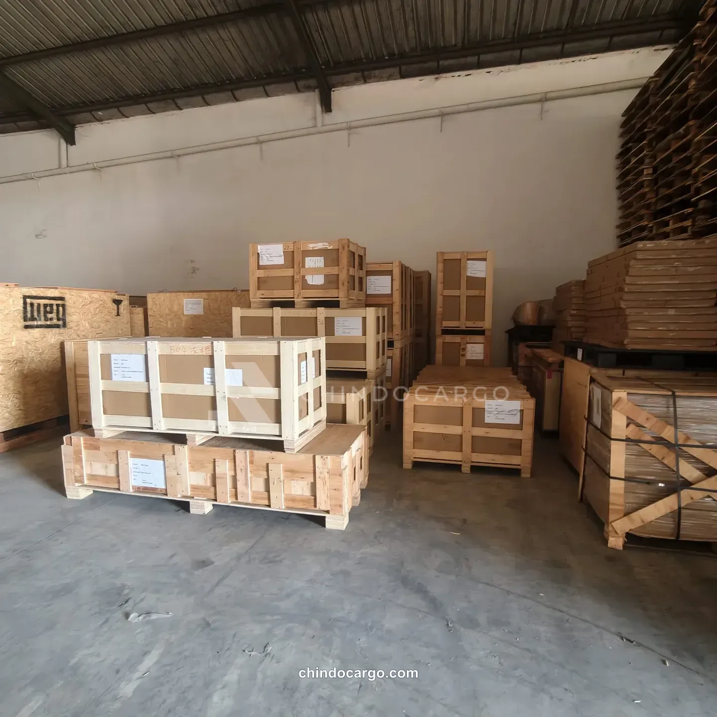 Wooden crates and cartons at the warehouse